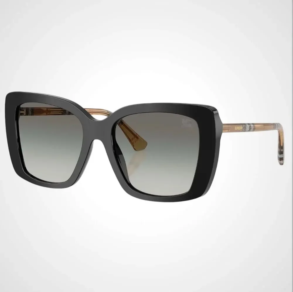 New Burberry Sunglasses Black Front Square Frame Checkered Arms Gray Lens Womens